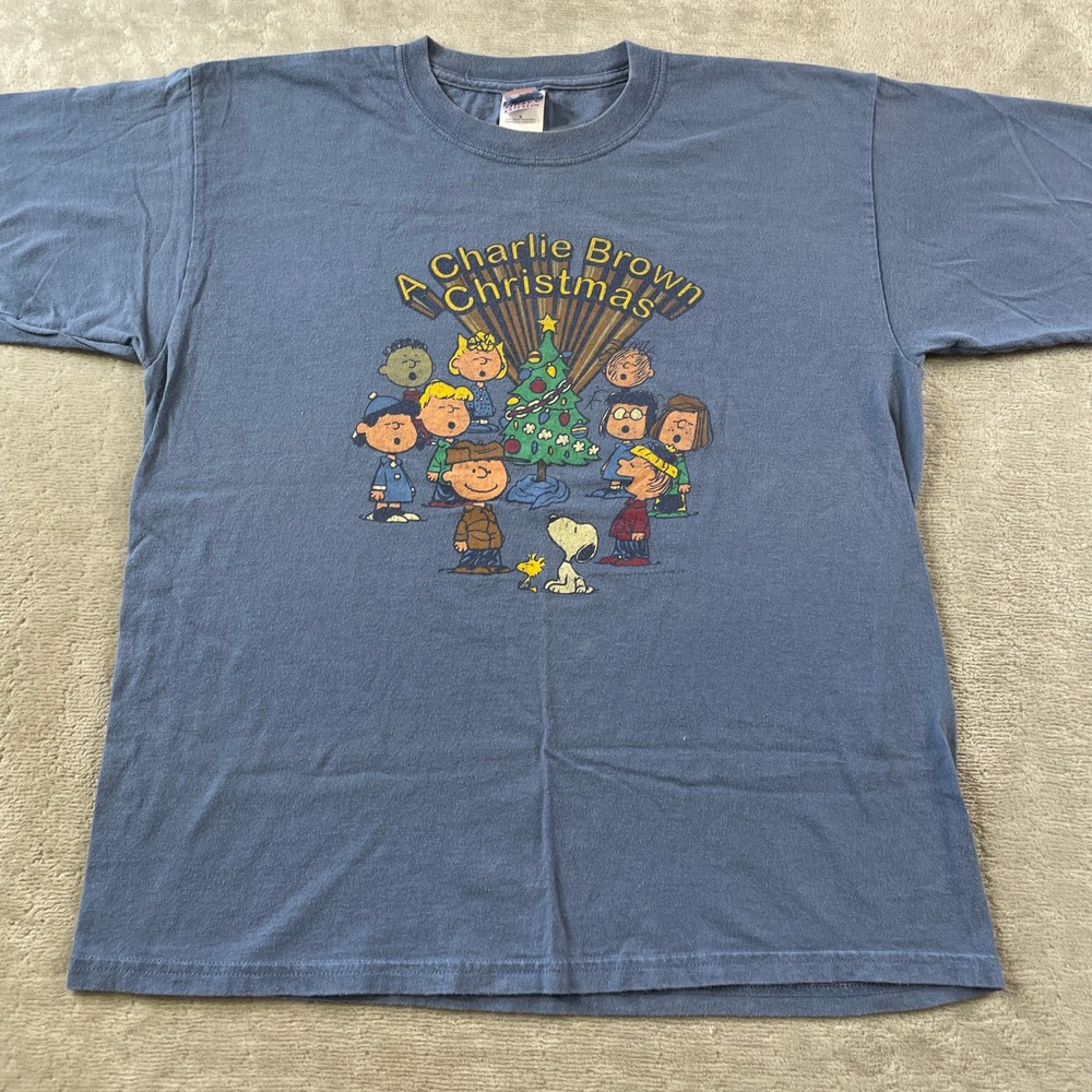 Vintage Peanuts A Charlie Brown Christmas T Shirt Mens Large Blue Gildan Cotton